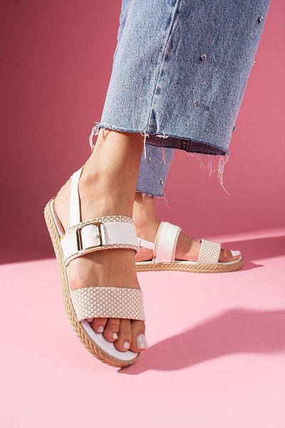 FUGA MODA Elvia White Double Strap Buckle Detailed Back Elastic Sandals