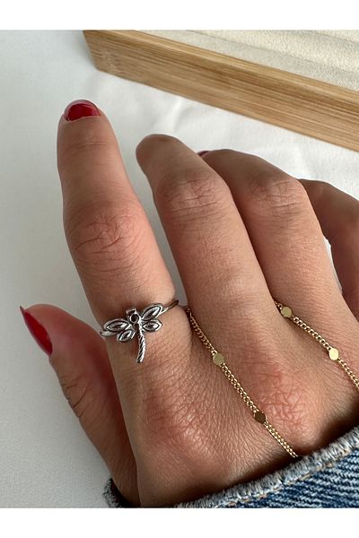 ringbox Silver Colored Steel Tarnish Free Dragonfly Ring