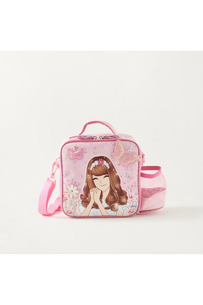 minmie Printed Lunch Bag with Detachable Strap and Zip Closure