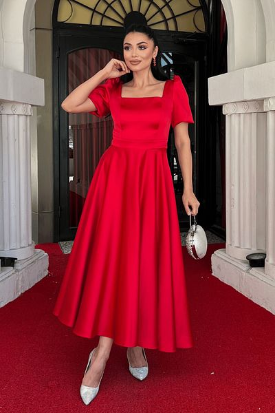 giyimmasalı Satin Fabric Square Neck Balloon Sleeve Midi Dress - Red