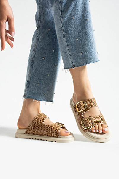 Güllü Shoes Women's Straw Detailed Double Buckle Soft Sole Sandals – Comfortable Orthopedic Summer Slippers