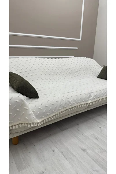 DİLETTO Large Size Striped Tassel Sofa Cover Cotton |   Armchair Shawl 180 X 280 cm Ecru