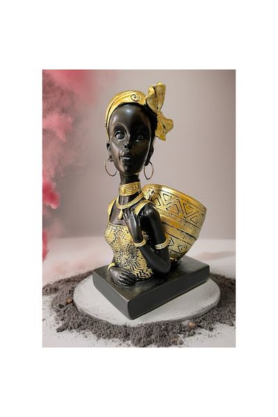 Unbranded/Generic African Woman Decorative Figurine with Golden Details – 24 cm, Resin Sculpture