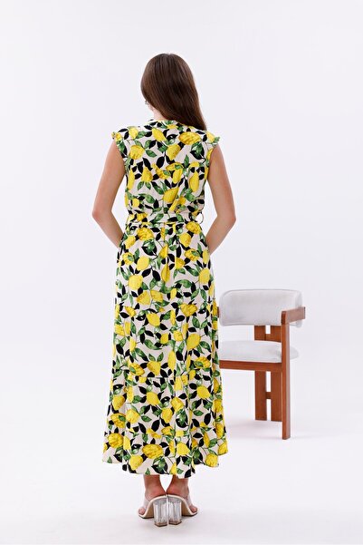 Pulli Collection Rochie midi cu curea din viscoză cu model de lămâie