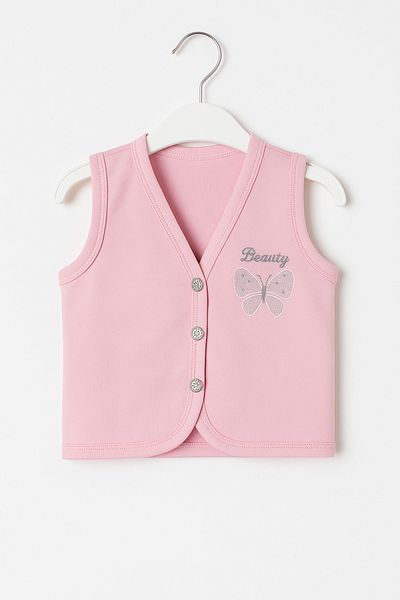 Magu Baby Girl Cotton Pink Butterfly Embroidered Vest - Buttoned, Beauty Written