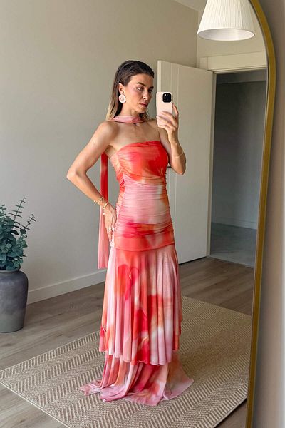 Sue Store Orange Salmon Strapless Belted Draped Premium Tulle Dress