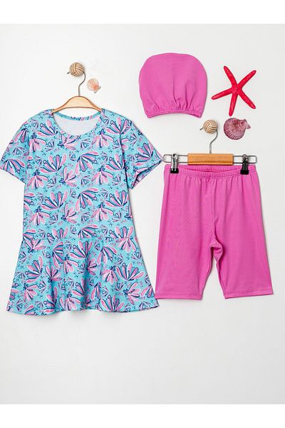 Harika KIDS Girl's Crew Neck Skirted Swimsuit and Leggings Bonnet Included.
