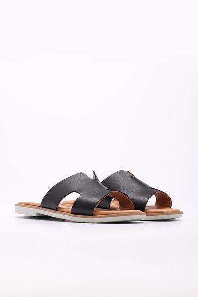 Ayakkabıhane Genuine Leather Inside and Outside Black Comfortable Women's Flat Slippers Ah0822726116513