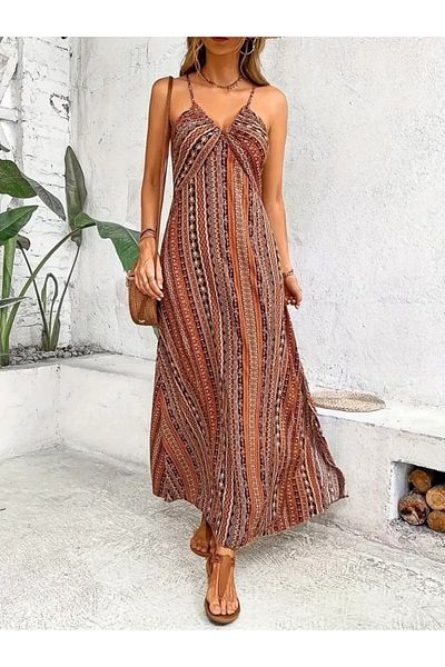 Modayakamoz New Season Women's Stylish Single Jersey Dress with Rope Strap Back Cross Detail and Slit Pattern