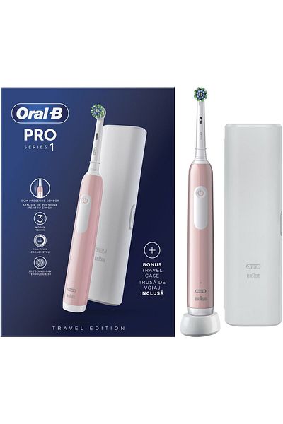 Oral-B Periuță de dinți electrică Pro 1, curățare 3D, 1 program, 1 cap de periuță, kit de călătorie, roz