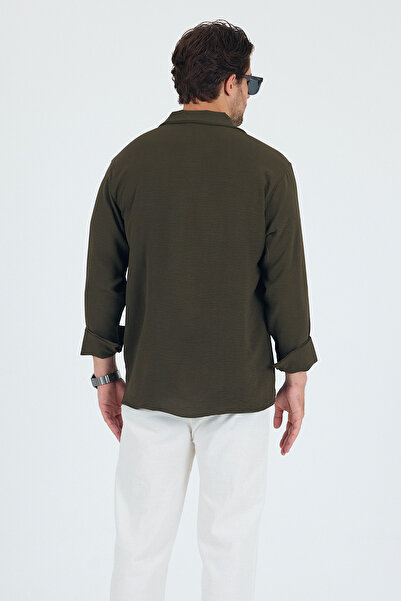 Trn JNS Khaki Summer Aerobin Linen Textured Oversize Men's Shirt