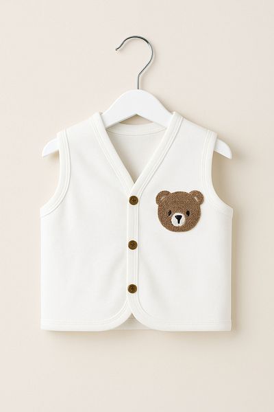 Magu Unisex Baby Cotton Cream Teddy Bear Embroidered Buttoned Vest - Casual Comfortable Style