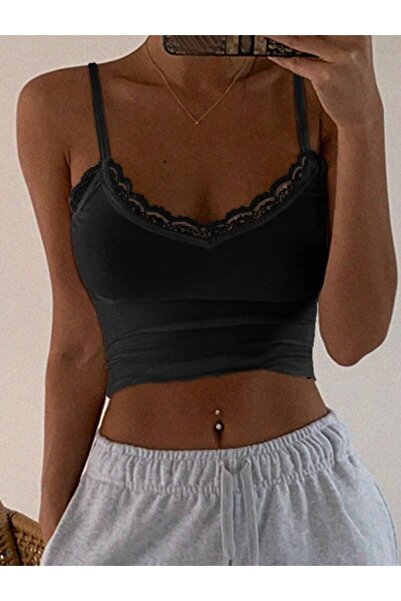 RockMore Siyah Besty Dantel Detaylı Crop Atlet