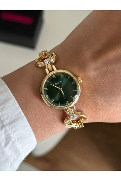 RoseandRoses Loven Special Design Dial Vintage Heart Detail Women's Wristwatch Gold (Green Dial)