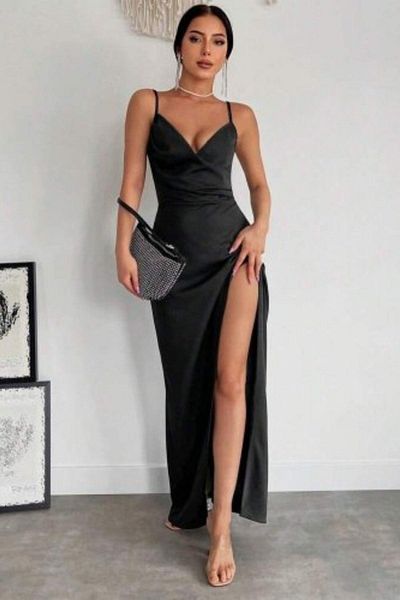Mossta Double Breasted Collar Deep Slit Crepe Dress - Black