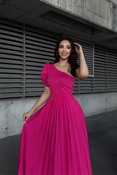 Mossta One Shoulder Pleated Long Evening Dress - Fuchsia