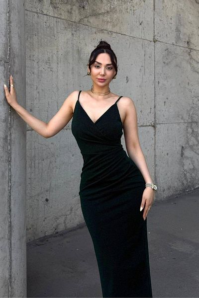 Mossta Double Breasted Collar Glitter Gathered Flowers Evening Dress - Green