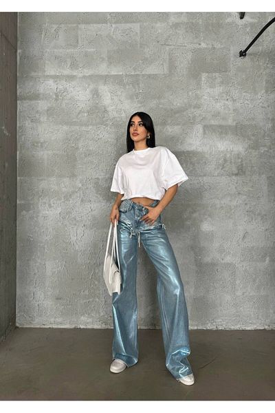 vesantia Pantaloni din denim cu talie înaltă, cu imprimeu albastru metalic, cu picioare largi