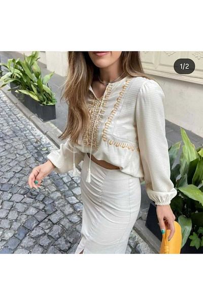 MELEK KOSTAK Women's Beige Color Mustard Ethnic Embroidery Embroidered Collar Tie Balloon Sleeve Linen Hijab Blouse