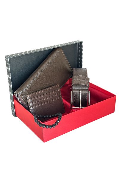 Tisaati Premium Series Luxury Leather Vertical Zipper Phone Compartment Wallet Belt Card Holder and Wristband Men's Set