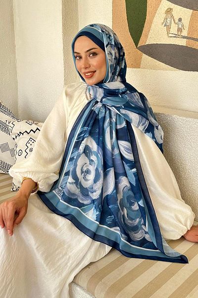 lamelif Flower Pattern Cotton Shawl Midnight Blue