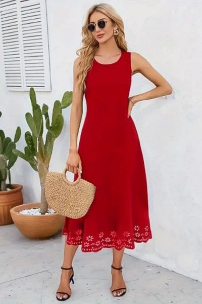 Mossta Laser Cut Floral Patterned Midi Dress with Hem - Red