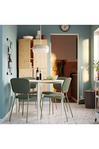 IKEA mutfak masası takımı, beyaz- gri/yeşil, 4 sandalyeli, sabit, 107 cm