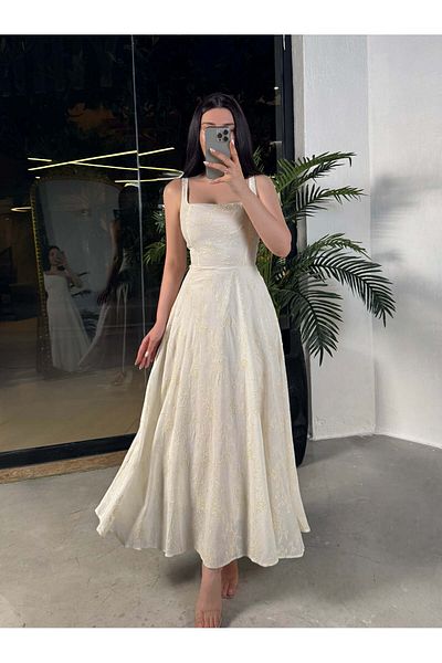 missswans Luvya Κέντημα Κεντημένο Τετράγωνο Γιακά Kalon Κρεμαστό Μίντι Μήκος Βαμβακερό Φόρεμα Κρέμα