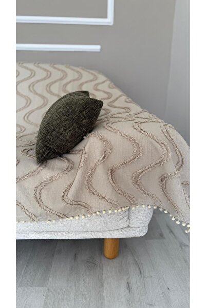 DİLETTO Large Size Wavy Pompom Sofa Cover Cotton |   Armchair Shawl 180 X 280 cm Mink