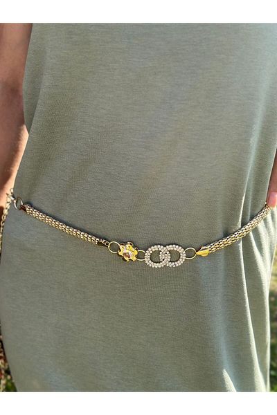 Gönülden Tasarım Kalkaali Zircon Stone Gold Yellow Chain Women's Belt 120 cm