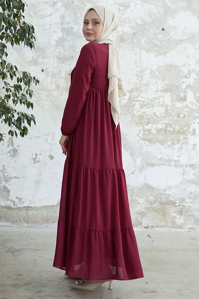 InStyle Yoryo Red Chiffon Dress with Lace-Up Collar