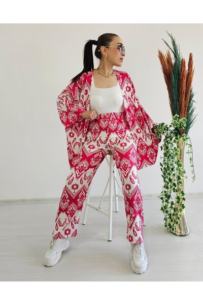 6 butik altı üstü butik Full Waist Pipe Leg Patterned Kimono Set