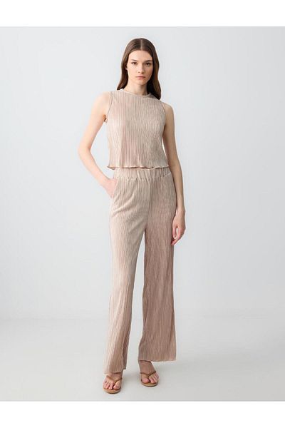 Jimmy Key Beige Slim Fit Round Neck Pleated Knitted Blouse