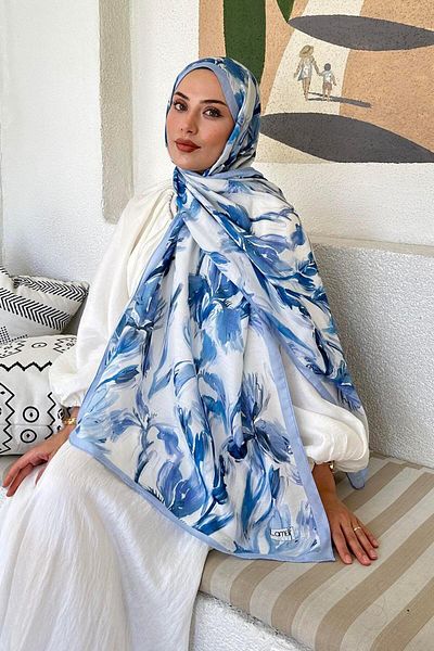 lamelif Μαλακό σάλι με μοτίβο λουλουδιών Baby Blue