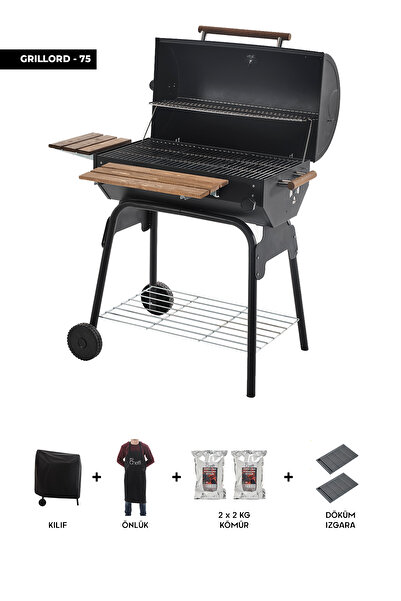 Cheffi Grillord‑75 Kömürlü Barbekü (2 Adet Döküm Izgaralı) + Hediye Seti (Önl...