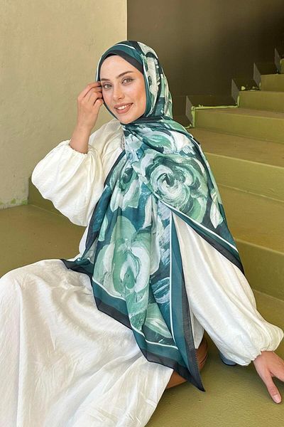 lamelif Flower Pattern Cotton Shawl Emerald Green
