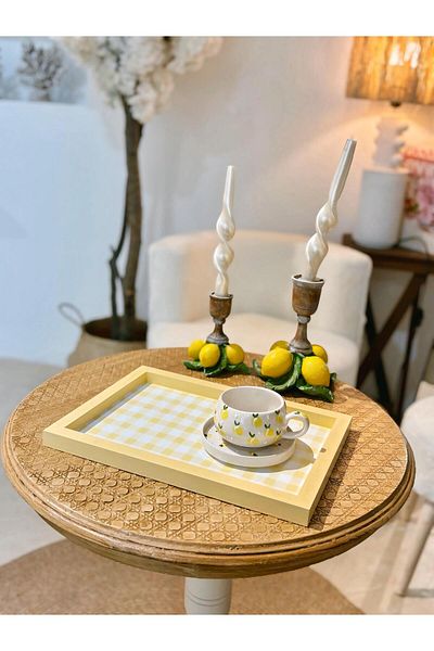 DEKORMED Yellow Plaid Patterned Wooden Presentation Tray