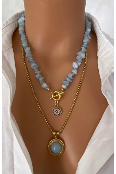 TARZ-I TAKI ( 2 Kolye ) Çelik Zincir Ve Doğal Taş Buz Mavi Akuamarin Taşı Altın Kaplama Çerçeveli Kadın Kolye