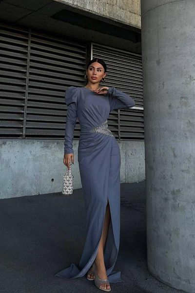 Mossta Princess Sleeve Stone Detailed Long Evening Dress - Gray