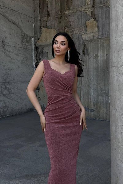 Mossta Glitter Draped Slit Detailed Long Evening Dress - Rose
