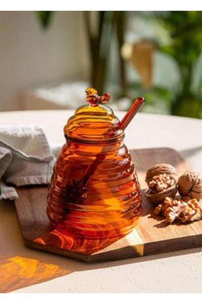 The Mia Glass Honey Jar Amber 13 cm