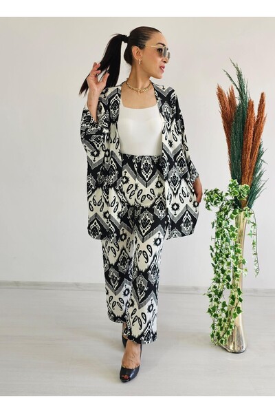 6 butik altı üstü butik Full Waist Pipe Leg Patterned Kimono Set