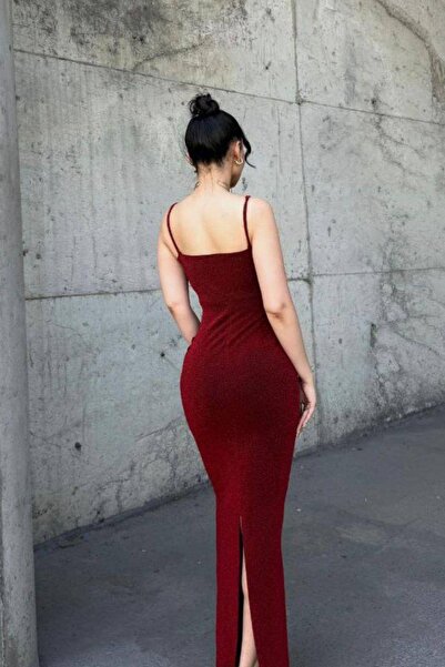 Mossta Double Breasted Collar Glitter Gathered Flowers Evening Dress - Burgundy