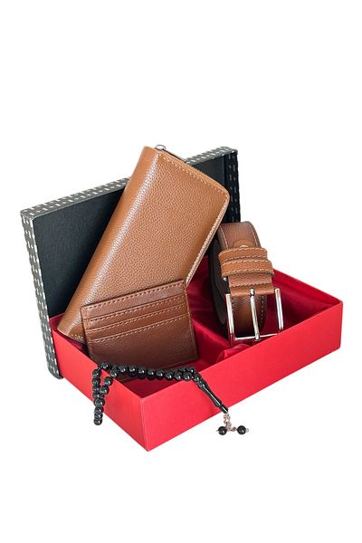 Tisaati Premium Series Luxury Leather Vertical Zipper Phone Compartment Wallet Belt Card Holder and Prayer Beads Men's Set