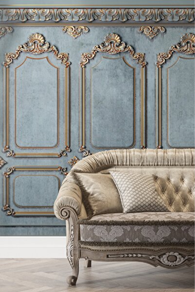 dreamwall Klasik Mavi ve Altın Sütun Çerçeve Vintage Desenli Duvar Kağıdı