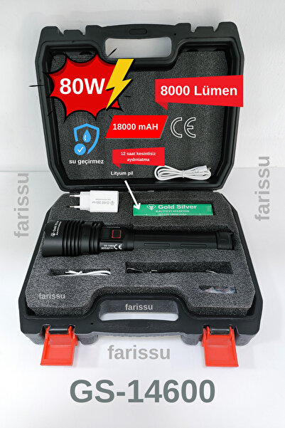 farissu Gold Silver Gs-14600 Şarjlı El Feneri | 80w 8000 Lümen - 18000 Mah Po...