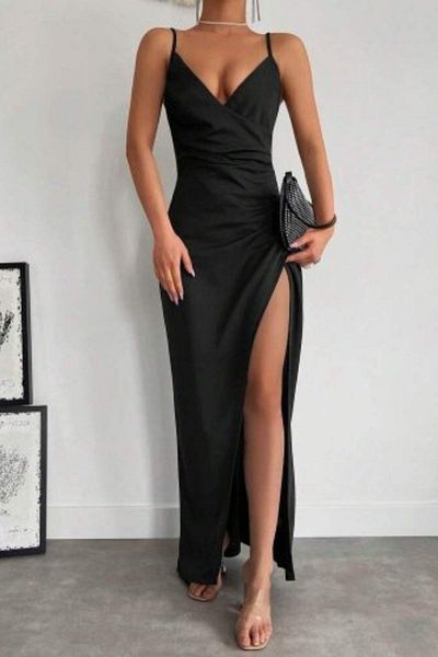 Mossta Double Breasted Collar Deep Slit Crepe Dress - Black