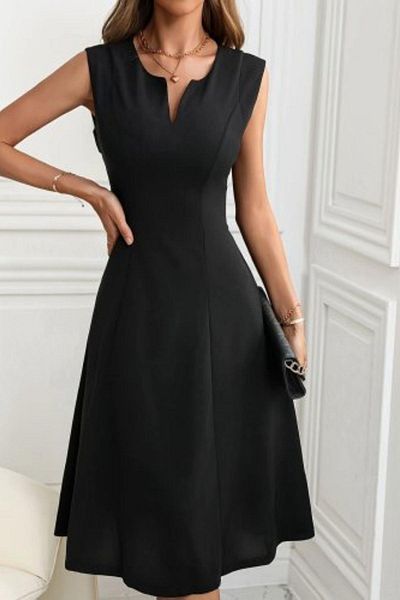 Mossta Sleeveless V Neck Midi Imported Crepe Dress - Black