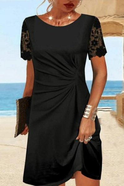 Mossta Round Neck Lace Sleeves Waist Gathered Viscose Dress - Black