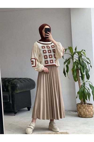 MELEK KOSTAK Women's Beige Vintage Crochet Knit Detailed Ecru Balloon Sleeve Linen Hijab Blouse